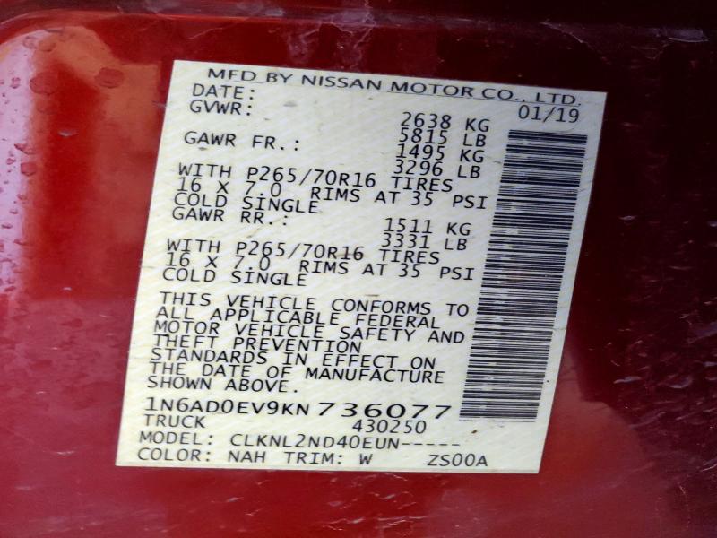 41823236 :رقم المزاد ، 1N6AD0EV9KN736077 vin ، 2019 Nissan Frontier مزاد بيع