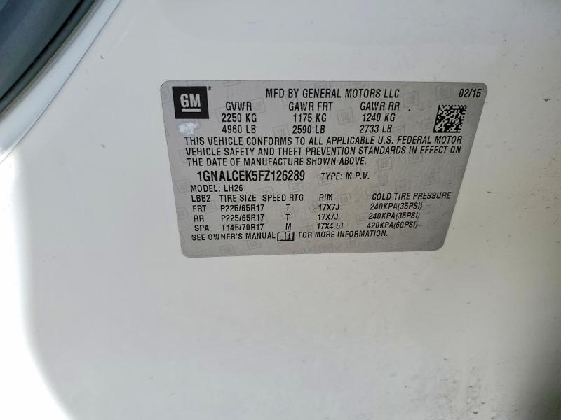 Продаж на аукціоні авто 2015 Chevrolet Equinox, vin: 1GNALCEK5FZ126289, номер лоту: 41672336