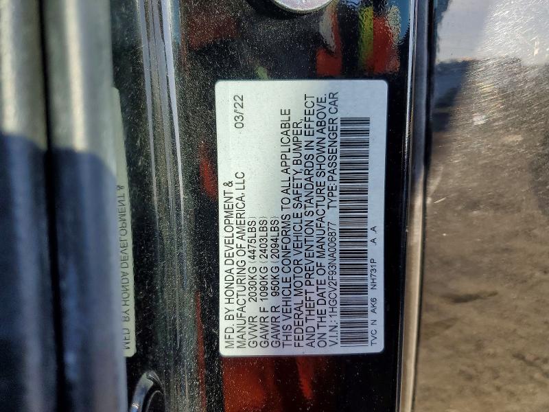 2022 Honda Accord მანქანა იყიდება აუქციონზე, vin: 1HGCV2F93NA006877, აუქციონის ნომერი: 79622245