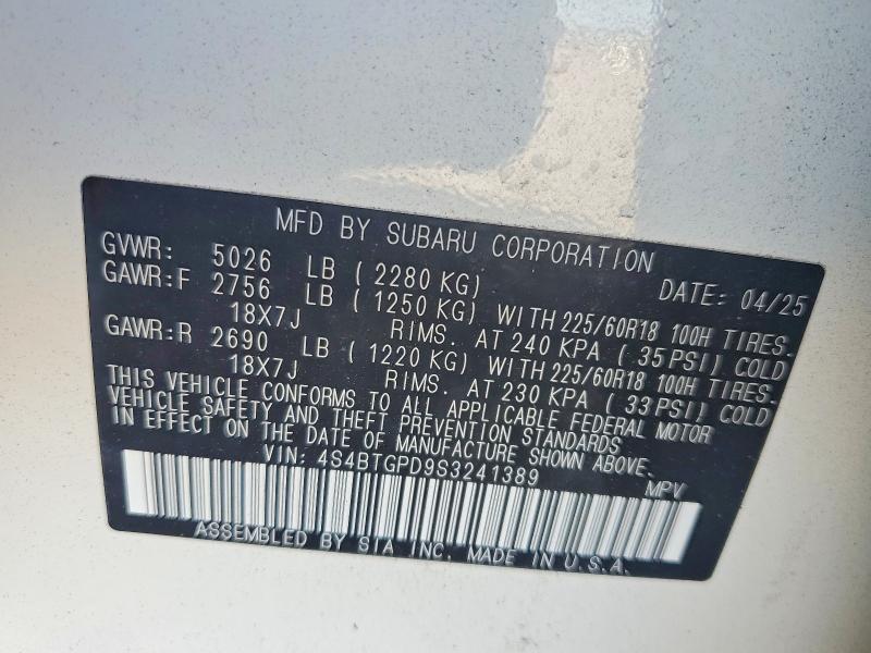 79530675 :رقم المزاد ، 4S4BTGPD9S3241389 vin ، 2025 Subaru Outback مزاد بيع