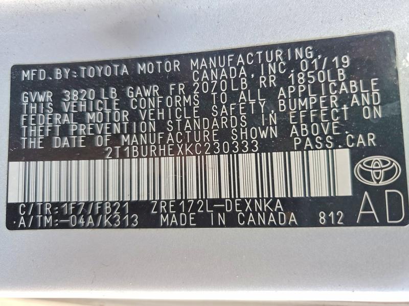 Aukcja sprzedaży 2019 Toyota Corolla, vin: 2T1BURHEXKC230333, numer aukcji: 46962046