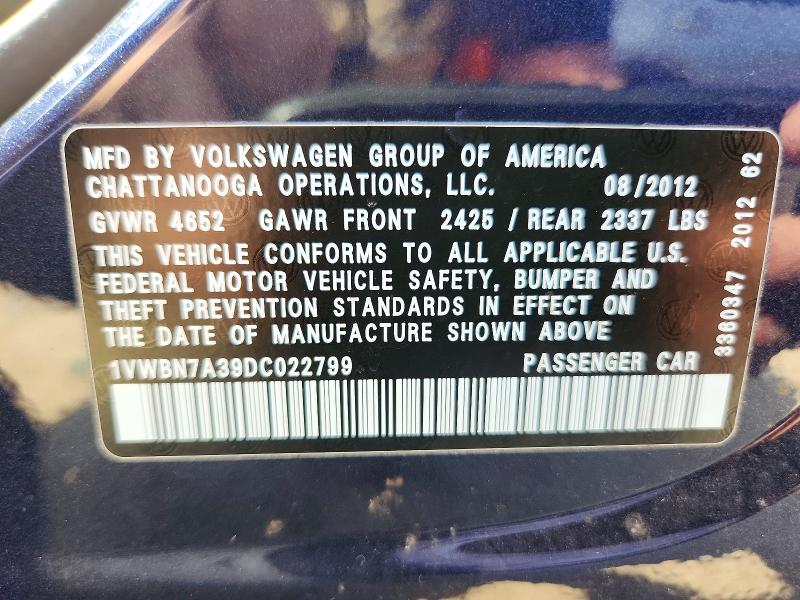 Продажа на аукционе авто 2013 Volkswagen Passat, vin: 1VWBN7A39DC022799, номер лота: 48060446
