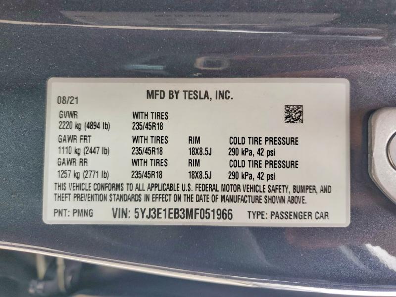 Aukcja sprzedaży 2021 Tesla Model 3, vin: 5YJ3E1EB3MF051966, numer aukcji: 48060736