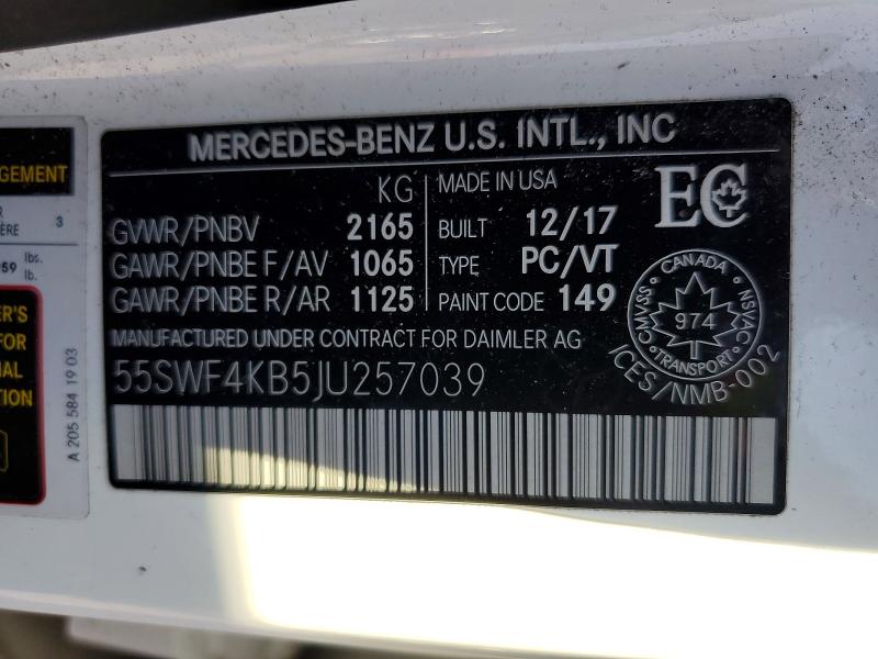 Aukcja sprzedaży 2018 Mercedes-benz C, vin: 55SWF4KB5JU257039, numer aukcji: 48063576