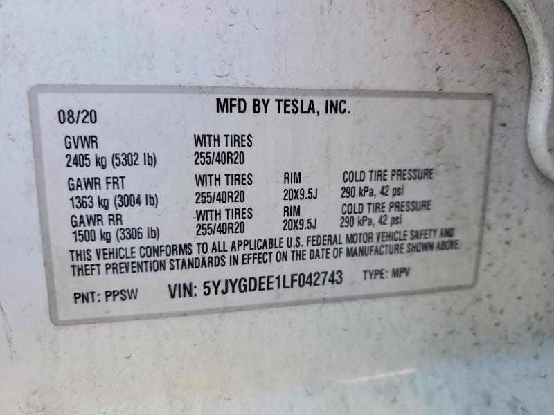 2020 Tesla Model Y მანქანა იყიდება აუქციონზე, vin: 5YJYGDEE1LF042743, აუქციონის ნომერი: 41985596