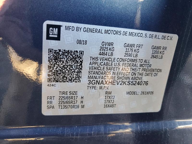 Aukcja sprzedaży 2019 Chevrolet Equinox, vin: 3GNAXHEV2KS524076, numer aukcji: 46527056