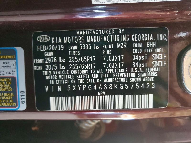 2019 Kia Sorento მანქანა იყიდება აუქციონზე, vin: 5XYPG4A38KG575423, აუქციონის ნომერი: 46868436