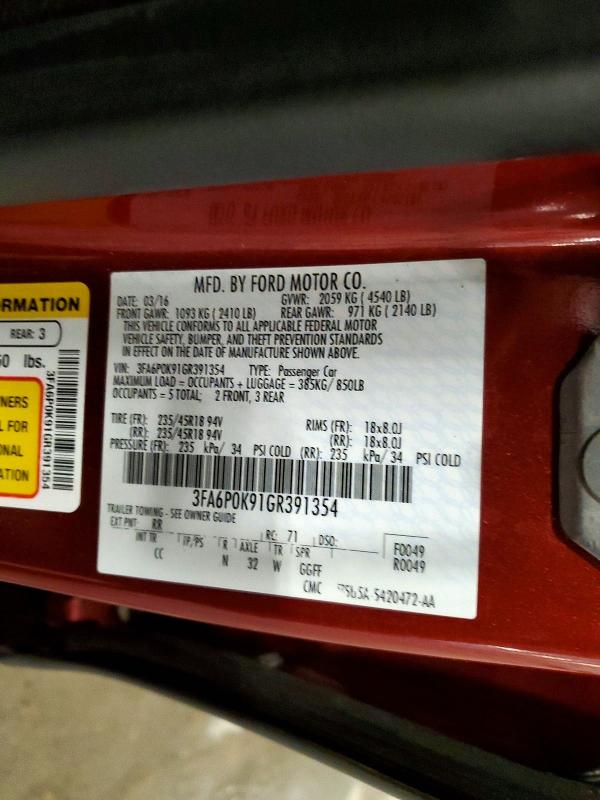 47017826 :رقم المزاد ، 3FA6P0K91GR391354 vin ، 2016 Ford Fusion مزاد بيع