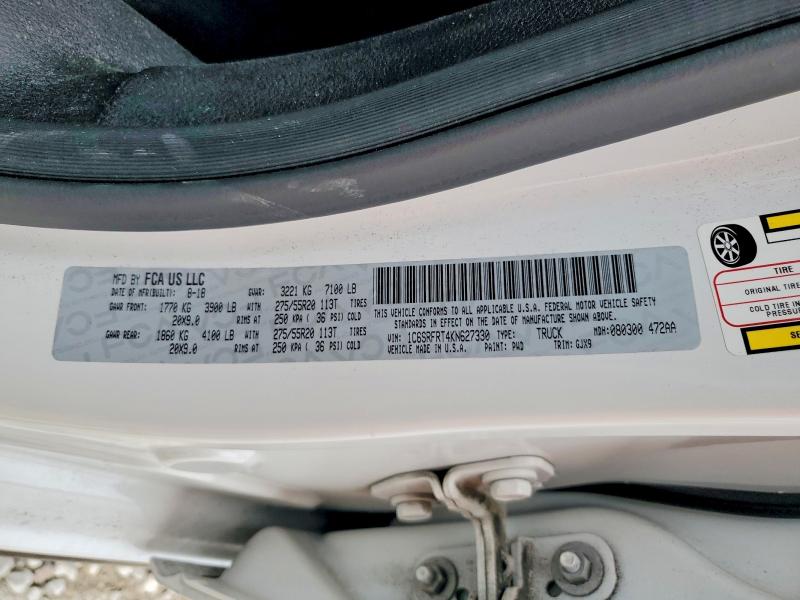 2019 Ram 1500 მანქანა იყიდება აუქციონზე, vin: 1C6SRFRT4KN627330, აუქციონის ნომერი: 47437176