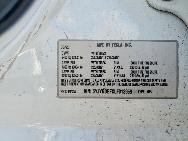 41914036 :رقم المزاد ، 5YJYGDEFXLF013959 vin ، 2020 Tesla Model Y مزاد بيع