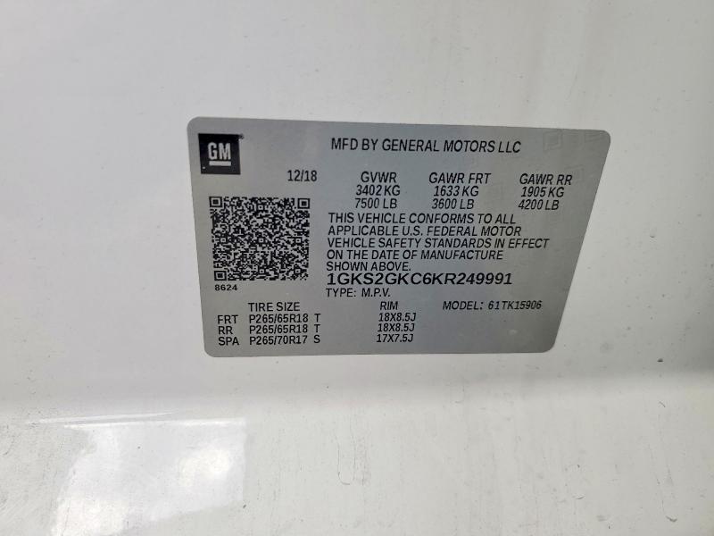45512626 :رقم المزاد ، 1GKS2GKC6KR249991 vin ، 2019 Gmc Yukon Xl مزاد بيع