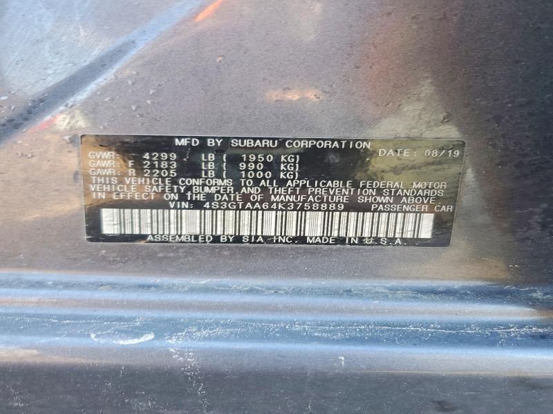 2019 Subaru Impreza მანქანა იყიდება აუქციონზე, vin: 4S3GTAA64K3758889, აუქციონის ნომერი: 41614946