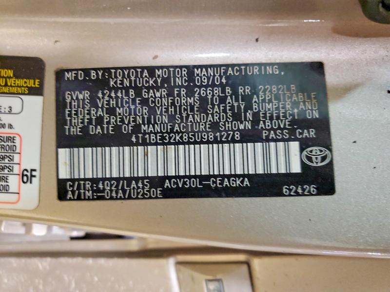 2005 Toyota Camry მანქანა იყიდება აუქციონზე, vin: 4T1BE32K85U981278, აუქციონის ნომერი: 46667856