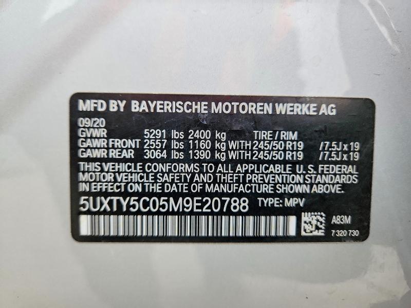 47939386 :رقم المزاد ، 5UXTY5C05M9E20788 vin ، 2021 Bmw X3 مزاد بيع