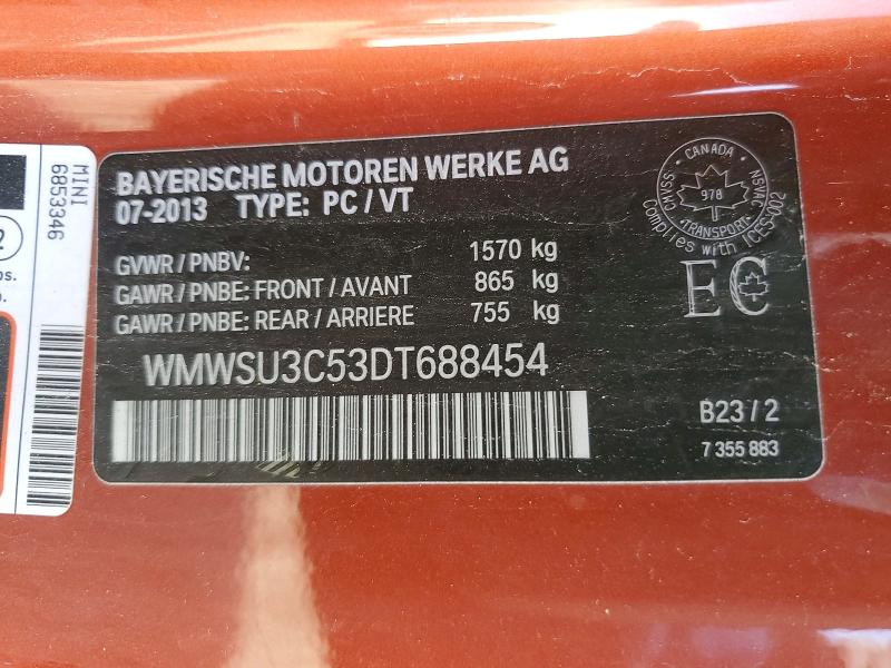 47240806 :رقم المزاد ، WMWSU3C53DT688454 vin ، 2013 Mini Cooper مزاد بيع