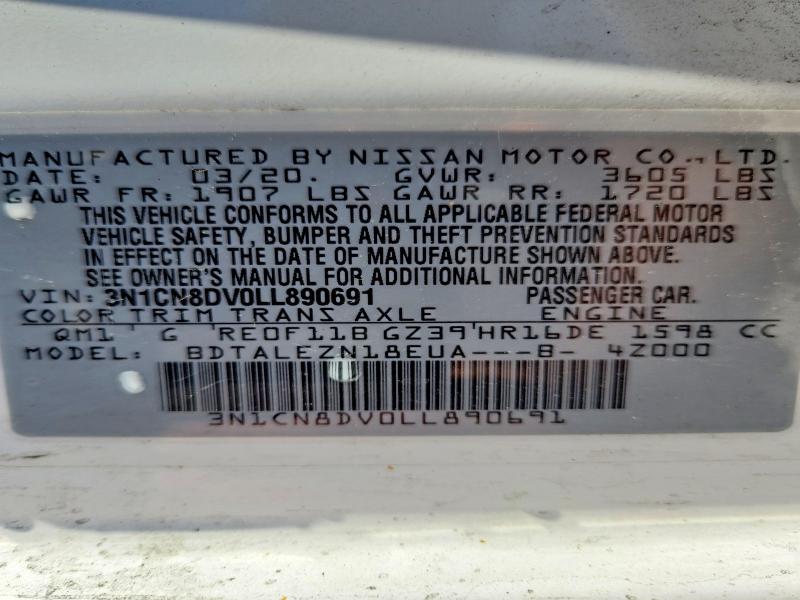 2020 Nissan Versa მანქანა იყიდება აუქციონზე, vin: 3N1CN8DV0LL890691, აუქციონის ნომერი: 47637896