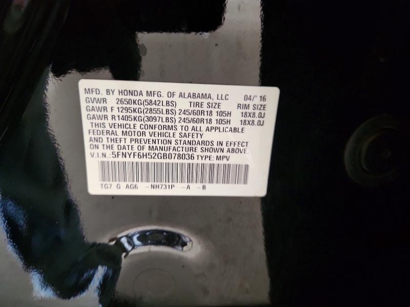 47972726 :رقم المزاد ، 5FNYF6H52GB078036 vin ، 2016 Honda Pilot مزاد بيع