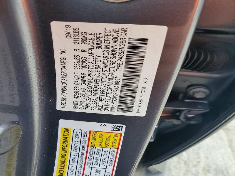 Aukcja sprzedaży 2019 Honda Accord, vin: 1HGCV1F19KA169971, numer aukcji: 79770585
