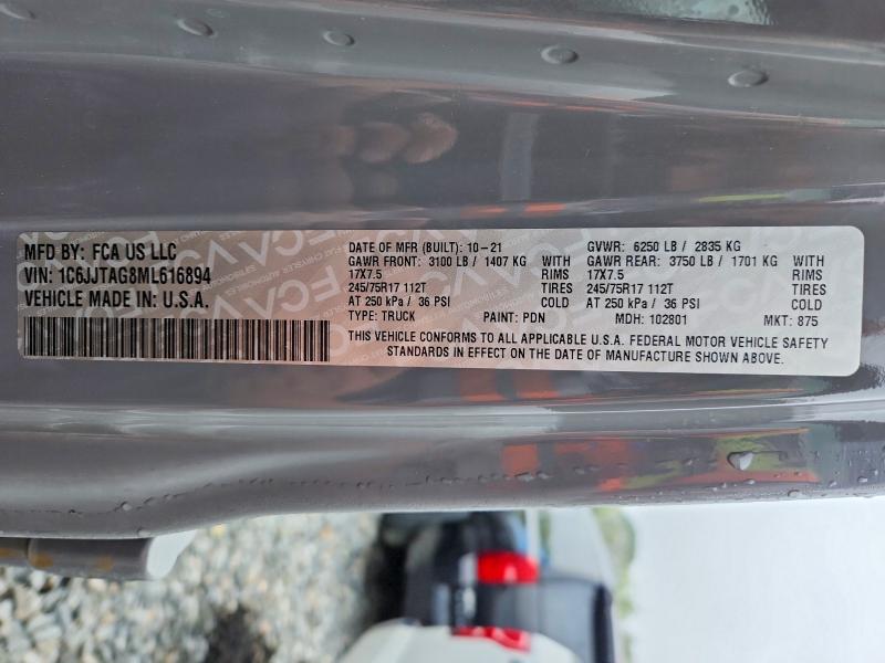 2021 Jeep Gladiator მანქანა იყიდება აუქციონზე, vin: 1C6JJTAG8ML616894, აუქციონის ნომერი: 47372746