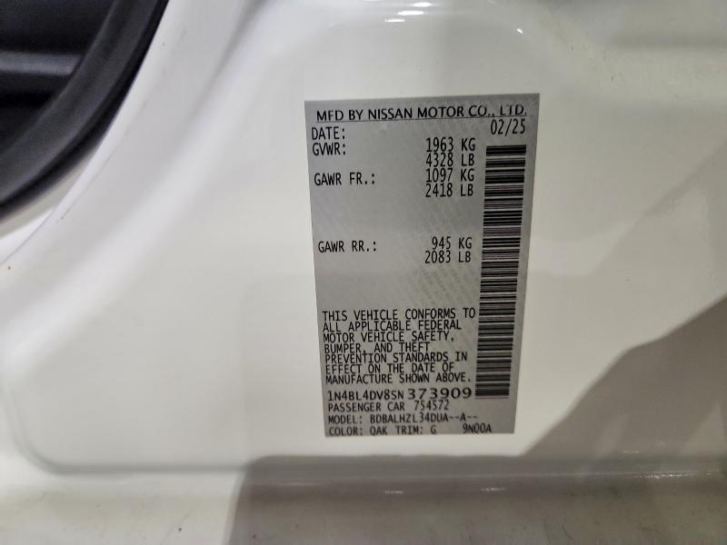 Auction sale of the 2025 Nissan Altima, vin: 1N4BL4DV8SN373909, lot number: 47996016