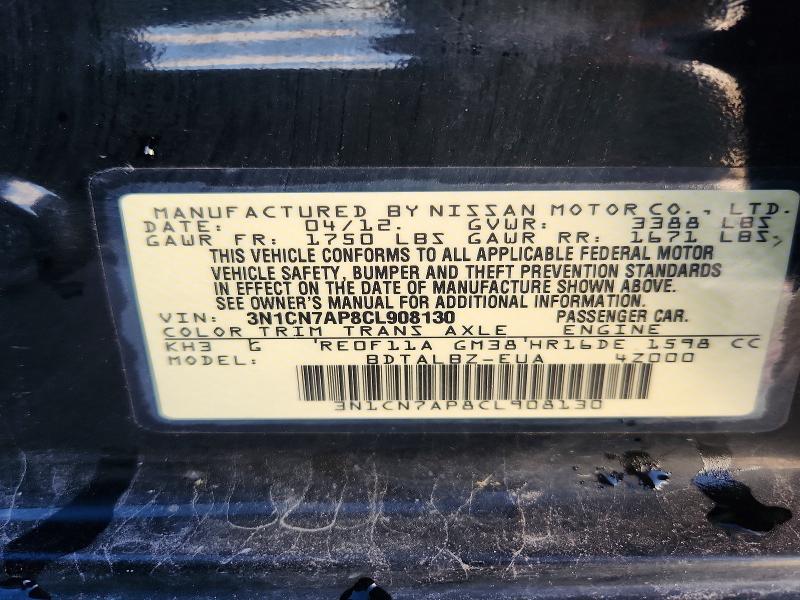 79650765 :رقم المزاد ، 3N1CN7AP8CL908130 vin ، 2012 Nissan Versa مزاد بيع