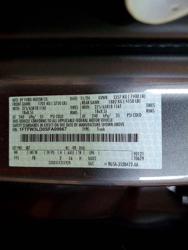 47030456 :رقم المزاد ، 1FTFW3LD0SFA09967 vin ، 2025 Ford F150 مزاد بيع
