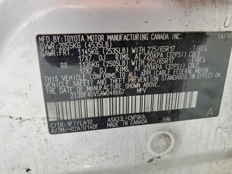 45822926 :رقم المزاد ، 2T3DF4DV5AW048667 vin ، 2010 Toyota Rav4 مزاد بيع