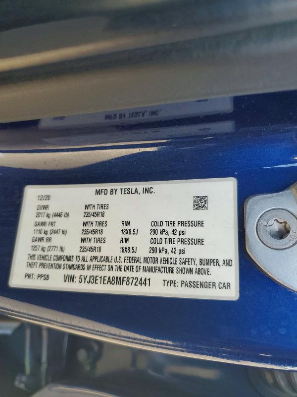 45664086 :رقم المزاد ، 5YJ3E1EA8MF872441 vin ، 2021 Tesla Model 3 مزاد بيع
