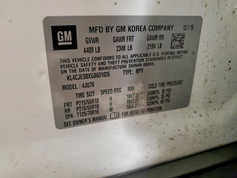 2016 Buick Encore მანქანა იყიდება აუქციონზე, vin: KL4CJESBXGB601026, აუქციონის ნომერი: 41660936