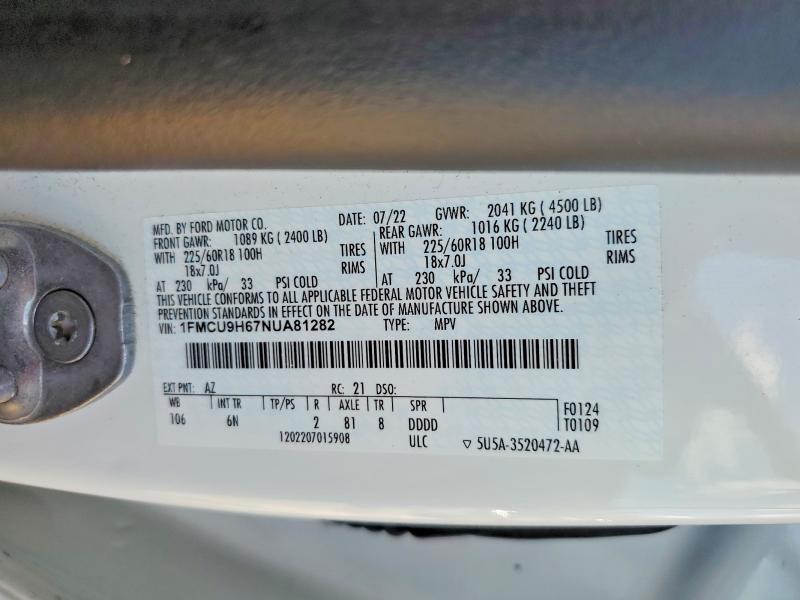 45693236 :رقم المزاد ، 1FMCU9H67NUA81282 vin ، 2022 Ford Escape مزاد بيع