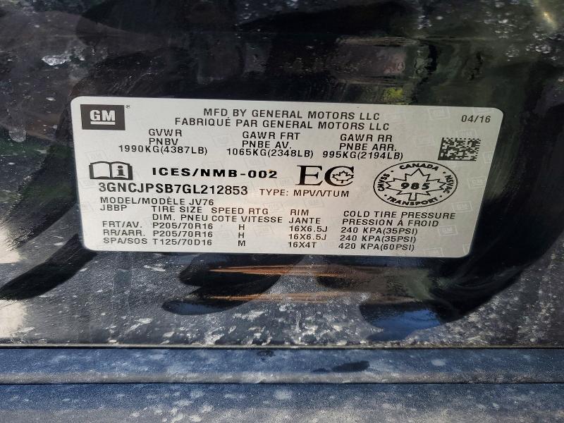 Aukcja sprzedaży 2016 Chevrolet Trax, vin: 3GNCJPSB7GL212853, numer aukcji: 46213996