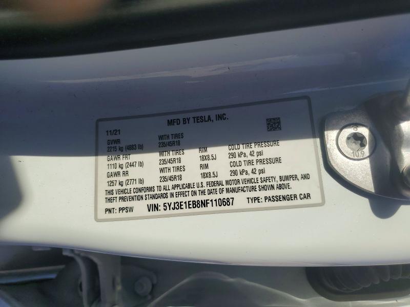 2022 Tesla Model 3 მანქანა იყიდება აუქციონზე, vin: 5YJ3E1EB8NF110687, აუქციონის ნომერი: 47245806