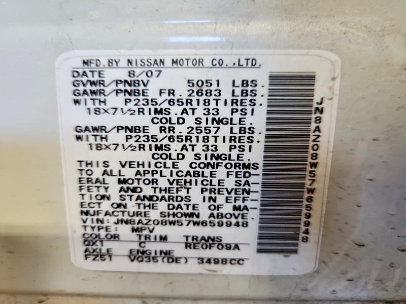 2007 Nissan Murano მანქანა იყიდება აუქციონზე, vin: JN8AZ08W57W659948, აუქციონის ნომერი: 79600585