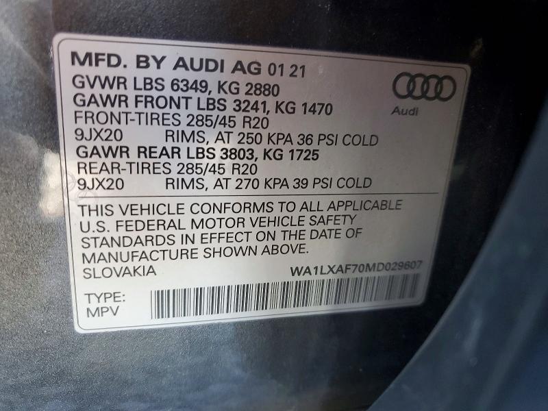 Продаж на аукціоні авто 2021 Audi Q7, vin: WA1LXAF70MD029607, номер лоту: 45822946