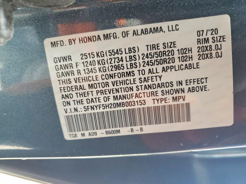 Продажа на аукционе авто 2021 Honda Pilot, vin: 5FNYF5H20MB003153, номер лота: 48241846