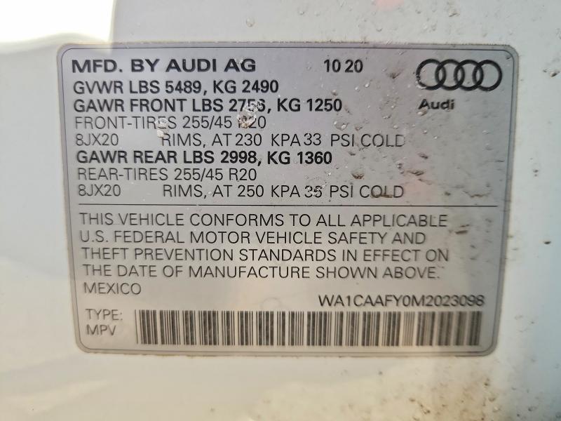 2021 Audi Q5 მანქანა იყიდება აუქციონზე, vin: WA1CAAFY0M2023098, აუქციონის ნომერი: 78816145