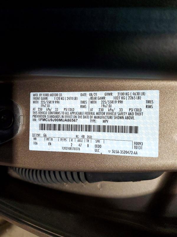 Aukcja sprzedaży 2021 Ford Escape, vin: 1FMCU9J90MUA86567, numer aukcji: 46701186