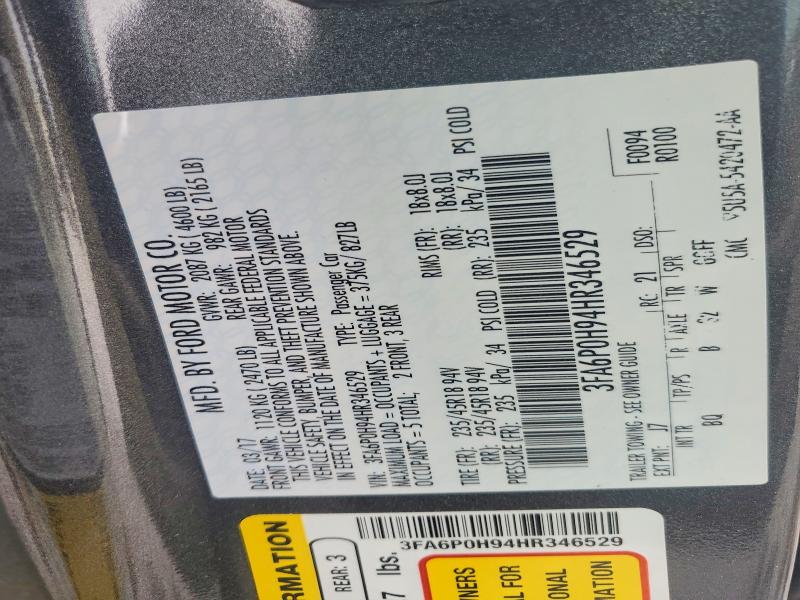 Продаж на аукціоні авто 2017 Ford Fusion, vin: 3FA6P0H94HR346529, номер лоту: 46147066