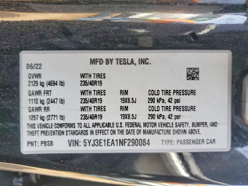 Aukcja sprzedaży 2022 Tesla Model 3, vin: 5YJ3E1EA1NF290084, numer aukcji: 46839386