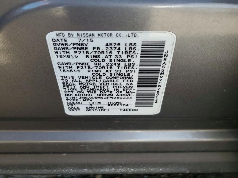 2015 Nissan Rogue Select მანქანა იყიდება აუქციონზე, vin: JN8AS5MV2FW260234, აუქციონის ნომერი: 47226476