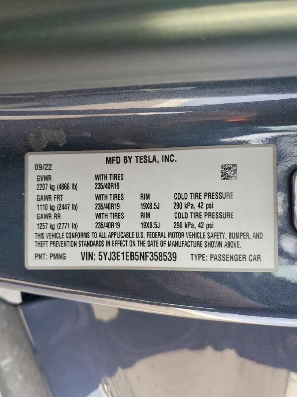 Продаж на аукціоні авто 2022 Tesla Model 3, vin: 5YJ3E1EB5NF358539, номер лоту: 47359576