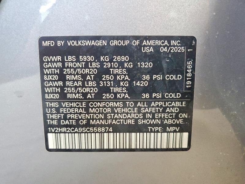 47820986 :رقم المزاد ، 1V2HR2CA9SC558874 vin ، 2025 Volkswagen Atlas مزاد بيع