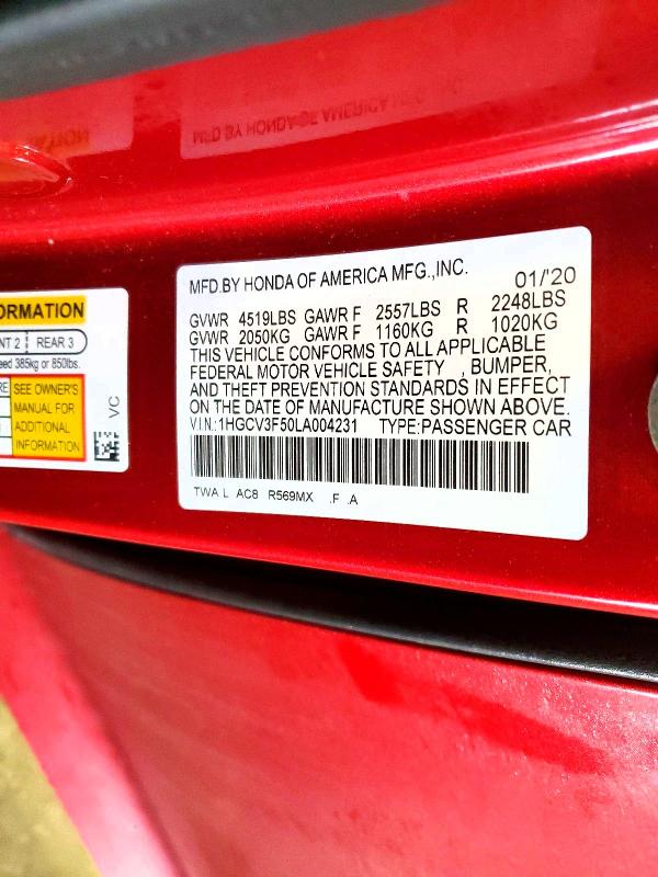 Aukcja sprzedaży 2020 Honda Accord, vin: 1HGCV3F50LA004231, numer aukcji: 46188466