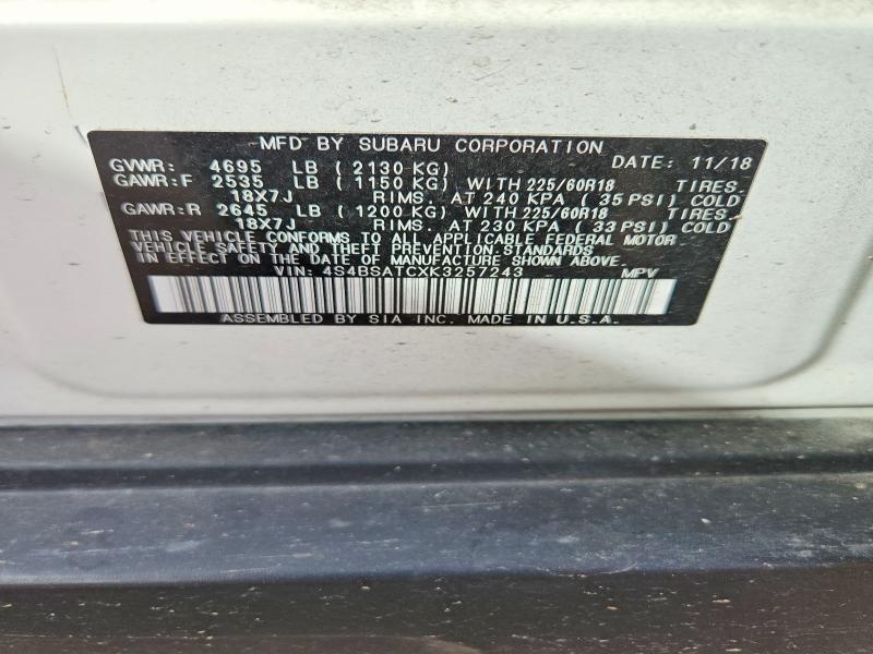 Aukcja sprzedaży 2019 Subaru Outback, vin: 4S4BSATCXK3257243, numer aukcji: 79967465