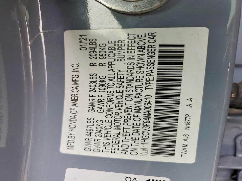 2021 Honda Accord მანქანა იყიდება აუქციონზე, vin: 1HGCV3F94MA006410, აუქციონის ნომერი: 42080016
