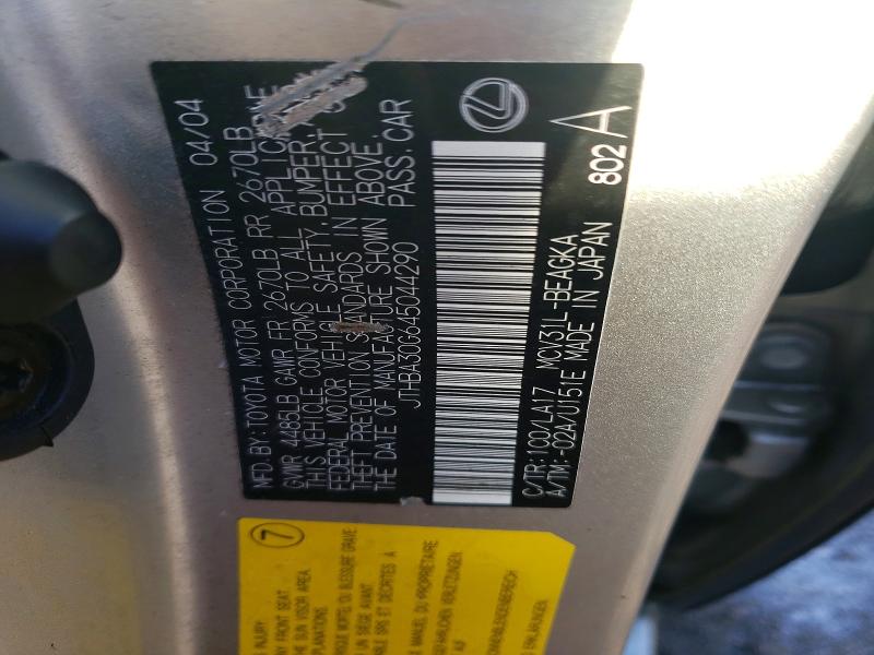 Продажа на аукционе авто 2004 Lexus Es 330, vin: JTHBA30G645044290, номер лота: 47370536