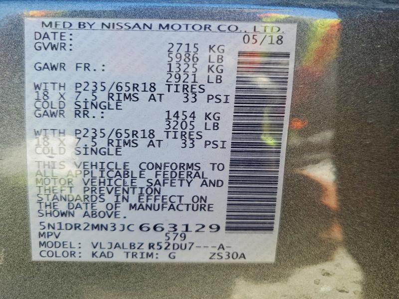 79796285 :رقم المزاد ، 5N1DR2MN3JC663129 vin ، 2018 Nissan Pathfinder مزاد بيع