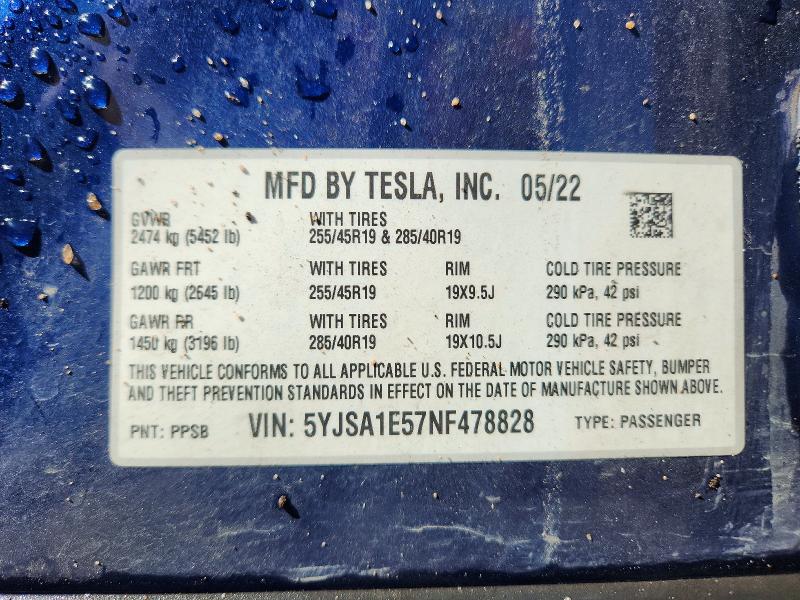 2022 Tesla Model S მანქანა იყიდება აუქციონზე, vin: 5YJSA1E57NF478828, აუქციონის ნომერი: 45596776