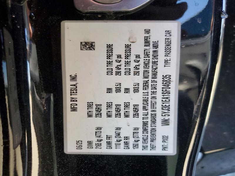 41834666 :رقم المزاد ، 5YJ3E1EA1SF046835 vin ، 2025 Tesla Model 3 مزاد بيع