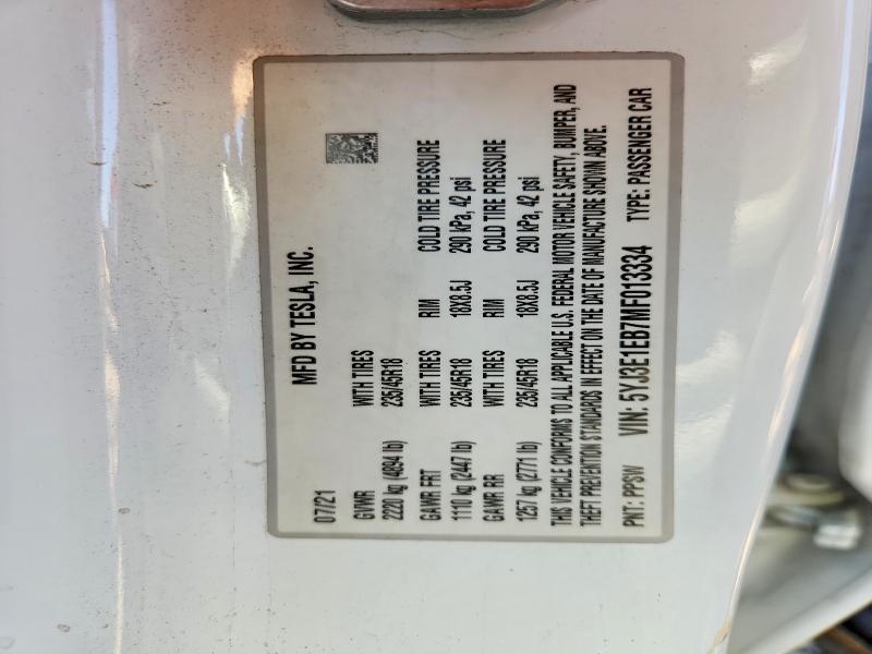 45857896 :رقم المزاد ، 5YJ3E1EB7MF013334 vin ، 2021 Tesla Model 3 مزاد بيع